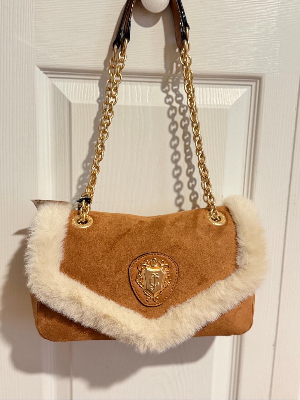 Juicy couture Suede Faux-Fur Trim Shoulder Bag in Camel